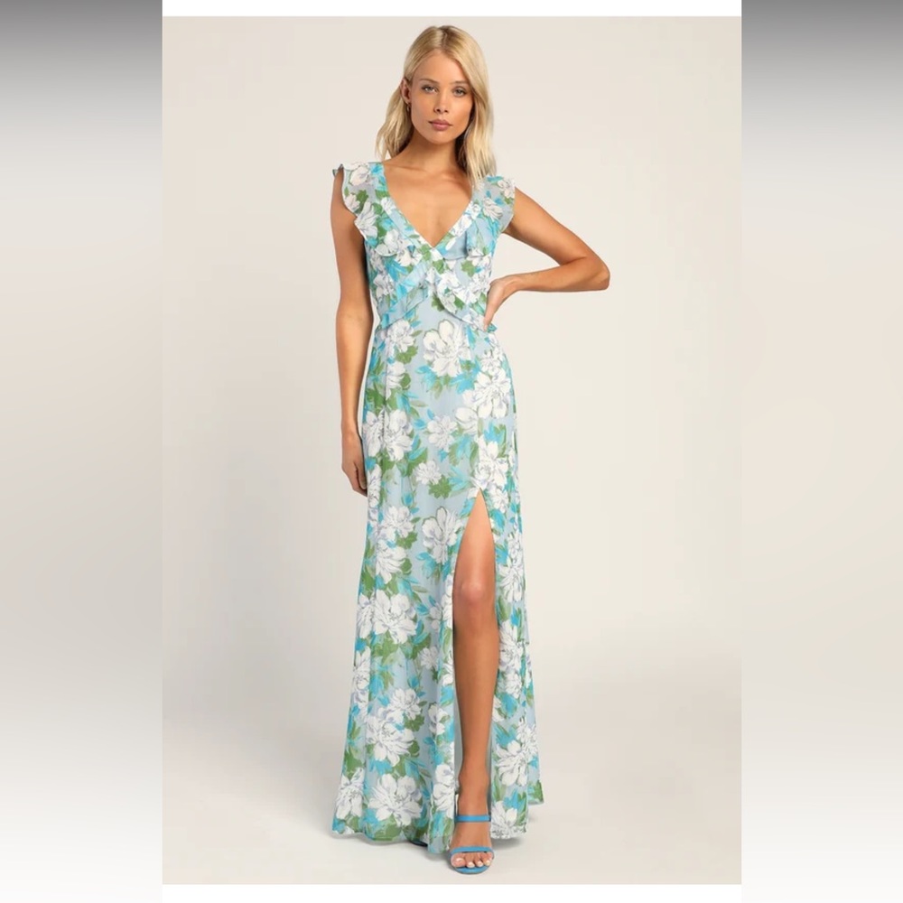 Lulus Sensational Spring Light Blue Floral Print Ruffled Maxi Dress XL